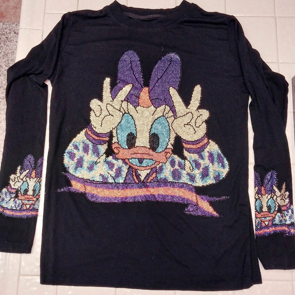 DAISY DUCK Black Long Sleeve Rhinestones Top w Bedazzled Sleeves sz S BEAUTIFUL!